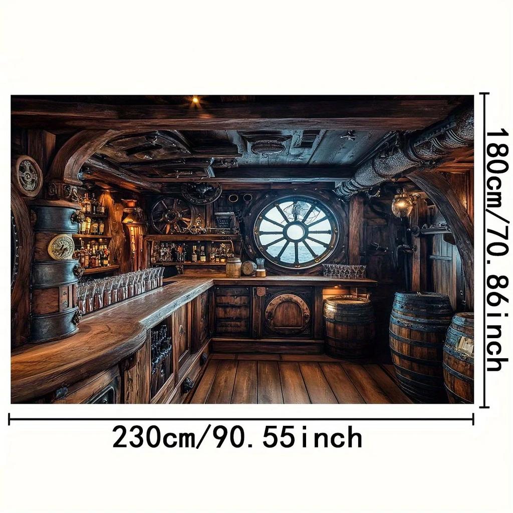 2D Banner Retro Pirate Ship-themed Background Cloth with Wooden Barrel and Nautical Wheel Designs, Event Decoration