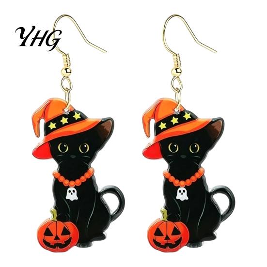 Lightweight Acrylic Halloween Decor 1 Pair Black Cat Earrings for Women, Cute Unique Niche Holiday Gift Her with Wizard Hat And Pumpkin Dangle Jewelry