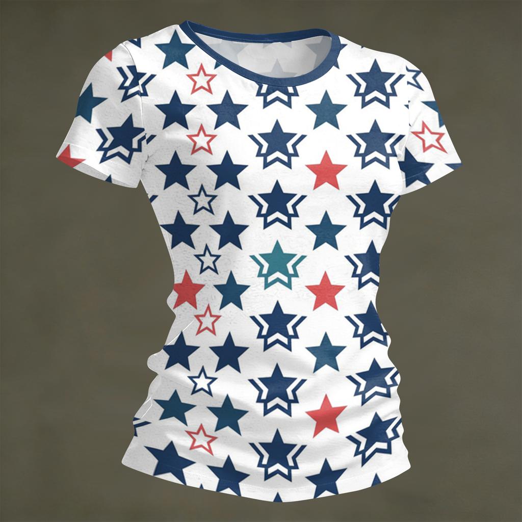 Women's Fashion Round Neck Independence Day Print Short Sleeve Loose Crewneck T-Shirt Top