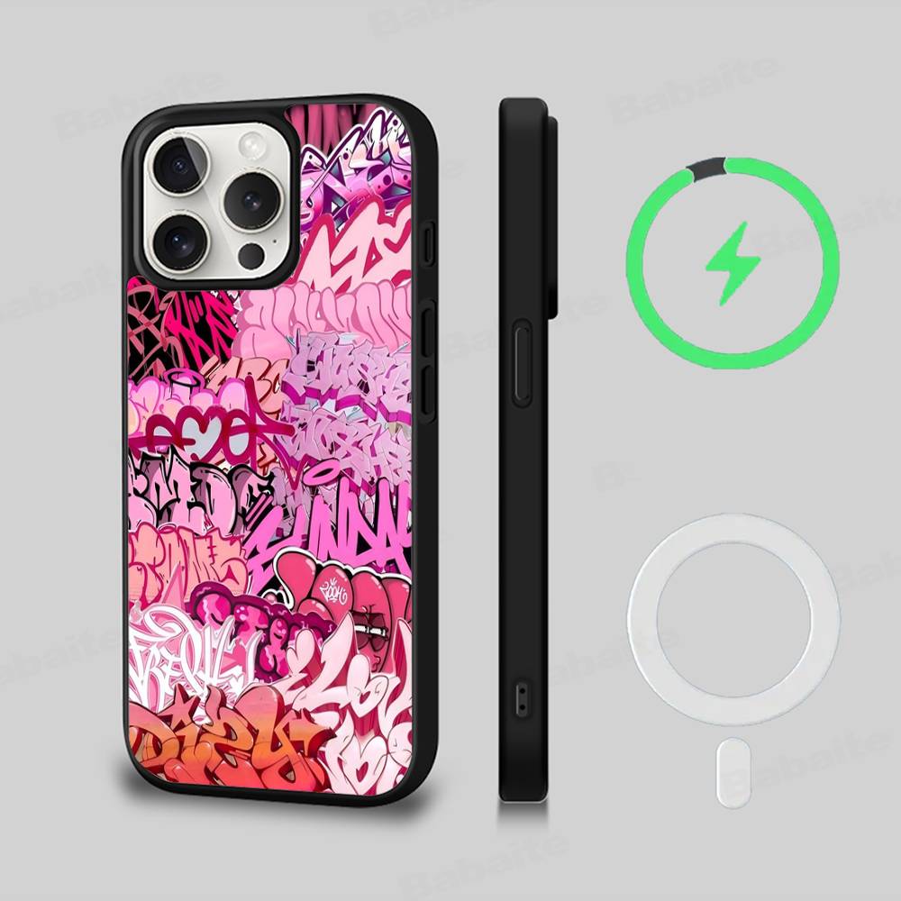 Cool Black Graffiti Phone Case For iPhone 13 14 15 11 12 16 17 Pro Max Plus For Magsafe Magnetic Shell