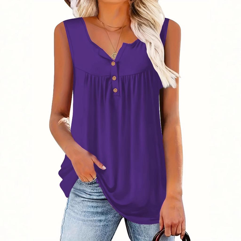 Women's Notch Neck Sleeveless Plus Size Tank Top Solid Color Front Pleated Button Casual Camisole