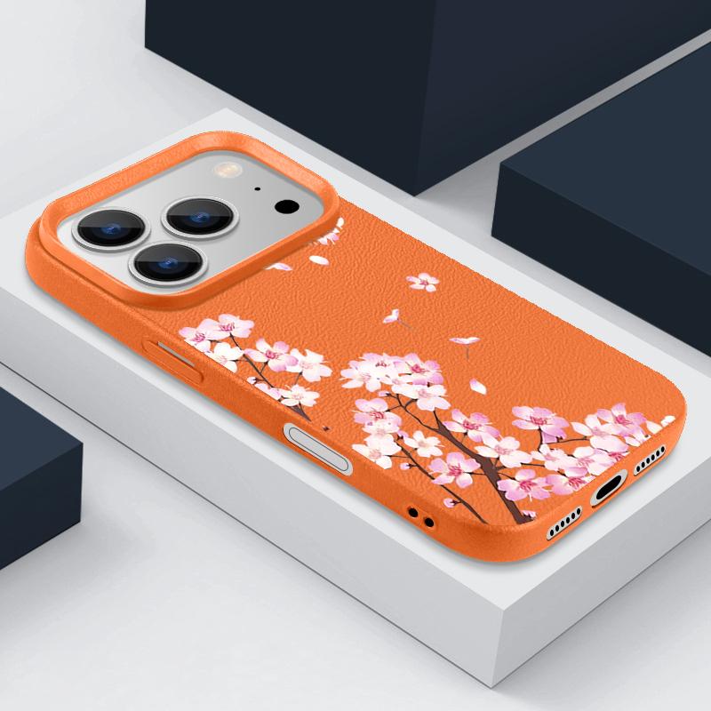 Pink Peach Blossoms Floral Pattern Case For iPhone 17 Pro Max Funda iPhone 16 Pro Max 15 14 13 12 11 Air 16E Leather Texture Silicone Cover