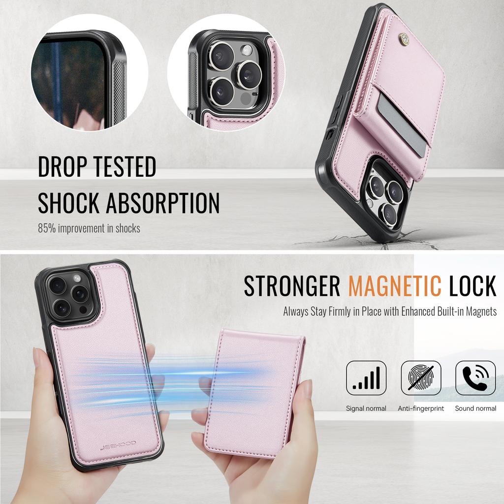 For iPhone 13 Pro Max 6.7 inch Leather Back Cover Compatible with MagSafe JEEHOOD J06 Phone Case with Card Bag RFID Blocking