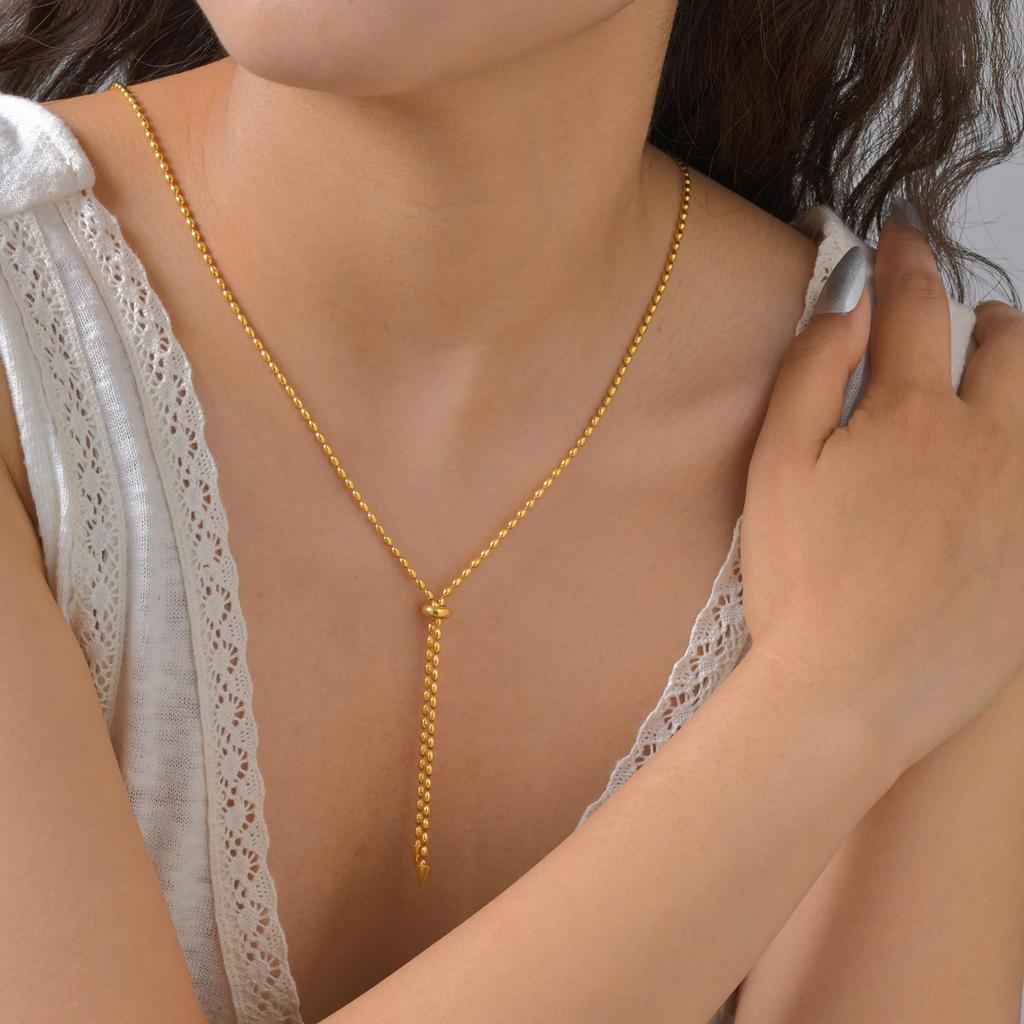 Fashion Accessories Women'S Stainless Steel Rice Bead Chain Adjustable Necklace Gold 2140