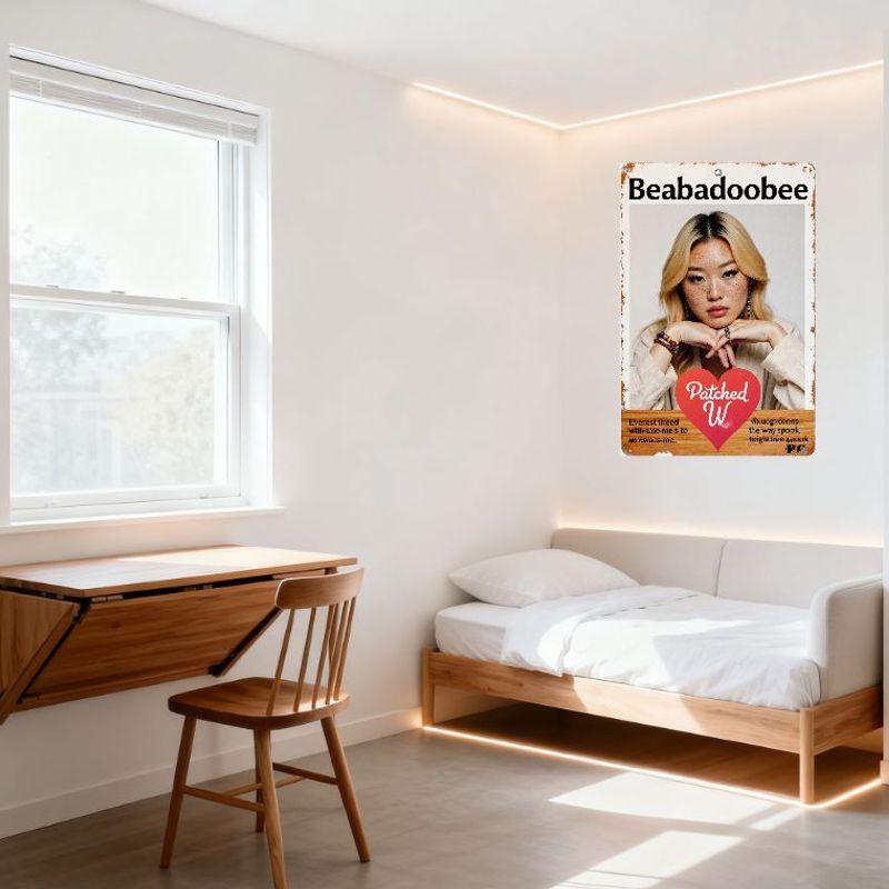 Beabadoobee Vintage Metal Tin Sign with Patched W Heart, Distressed Rusty Border Home Wall Decor Art for Man Cave Bar Café