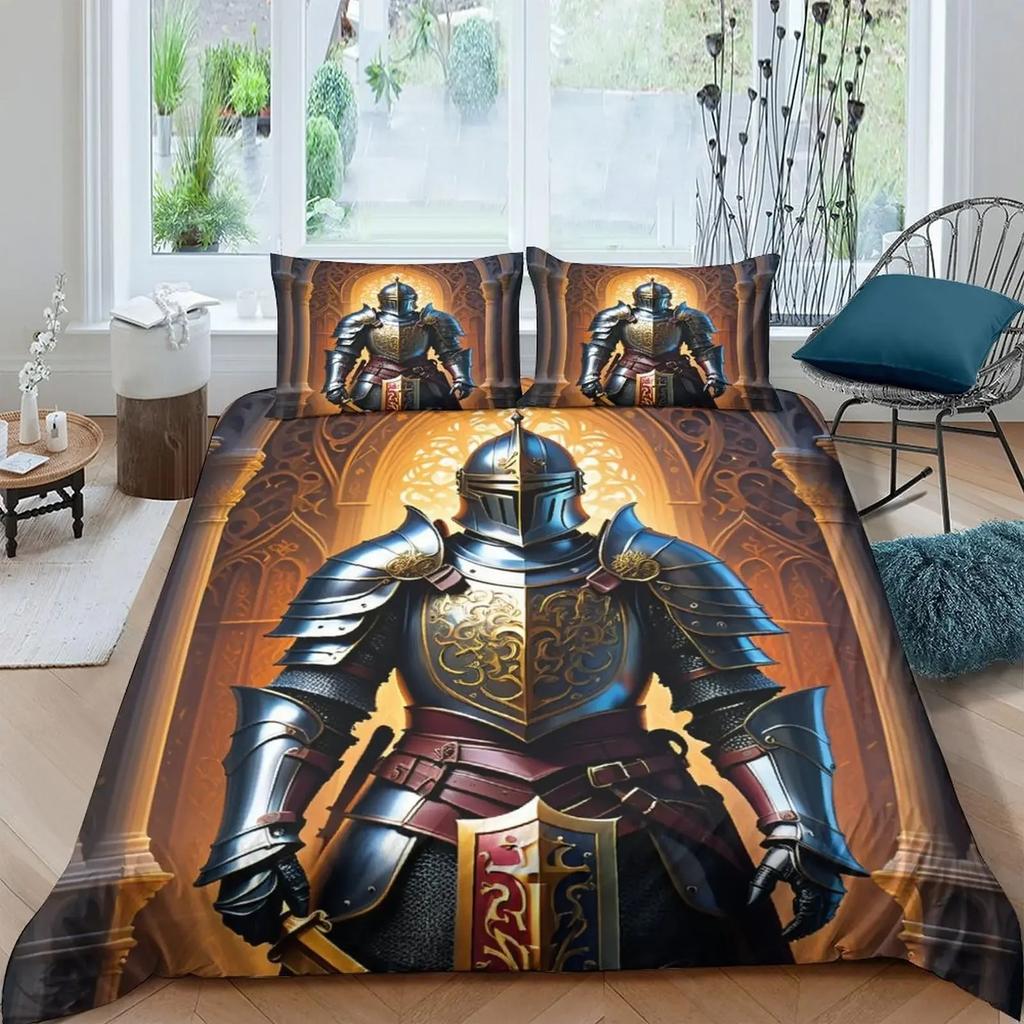 Medieval Duvet Cover Set, Medieval Knight Holding An Aged Old Shield Historical Theme Digital Print Bedding Set