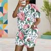 Women Plus Size White Printed Round Neck Short Sleeve Top Pocket Shorts Two Piece Set