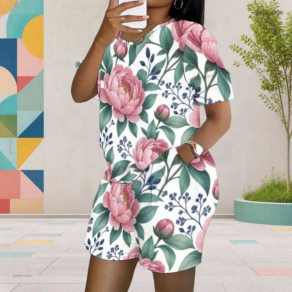 Women Plus Size White Printed Round Neck Short Sleeve Top Pocket Shorts Two Piece Set