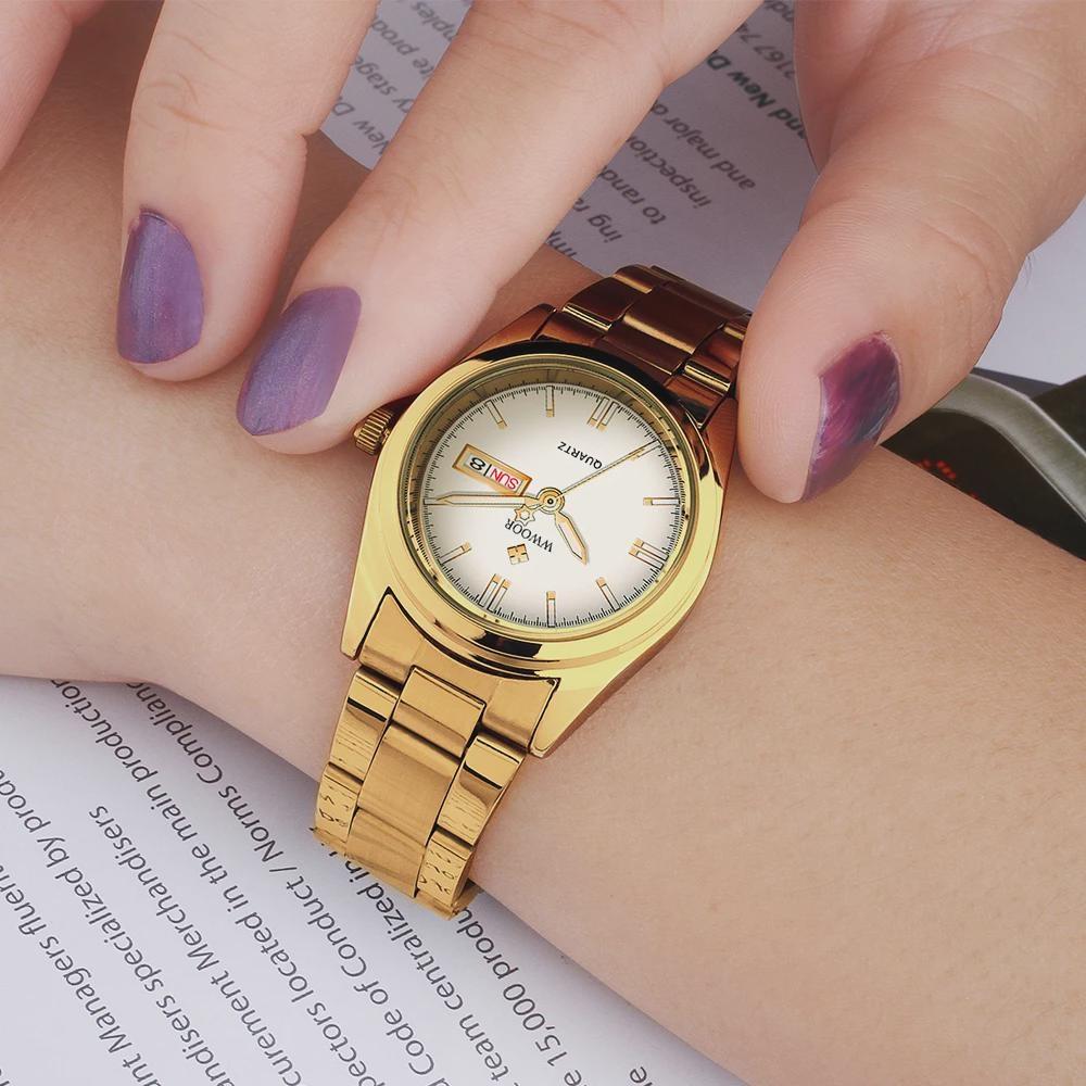 WWOOR New Women Fashion Dress Quartz Watches Lady Stainless Steel Waterproof WristWatch Simple Clock