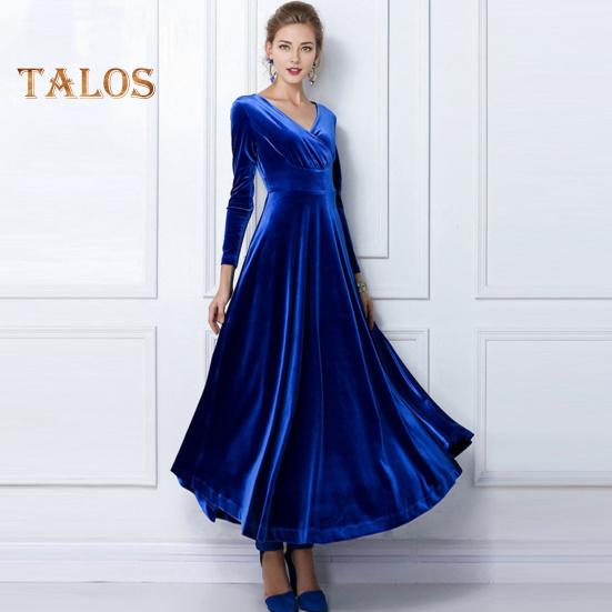 Abendkleid für Damen, goldener Samt, V-Ausschnitt, plissiert, A-Linie, reine Farbe, lange Ärmel, langes Kleid, hohe Taille, Abschlussball, Party, Maxikleid