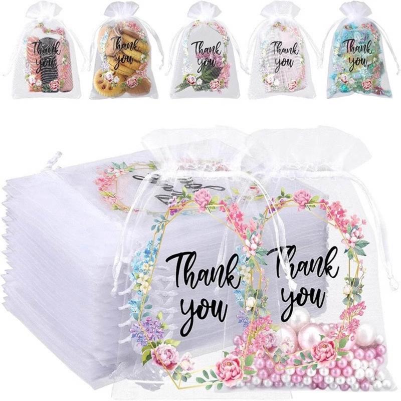 50Pieces Delicate Thankyou Gift Bag Jewelry Packaging Bag Chic Embroidery Mesh Bag Mesh Material for Birthdays Weddings