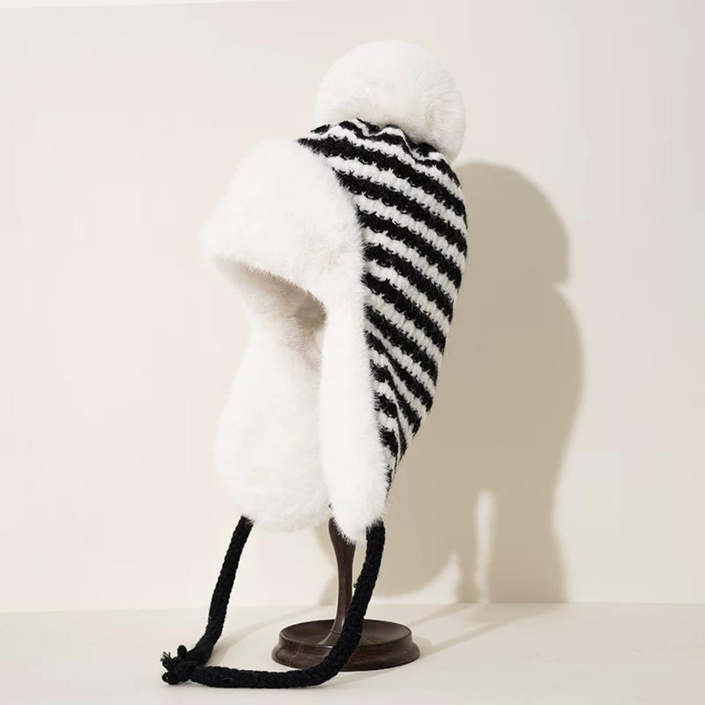 Women's Wool Ball Knitted Lei Feng Hat With Thick Velvet And Striped Cute Warm Riding Windproof Woolen Hat