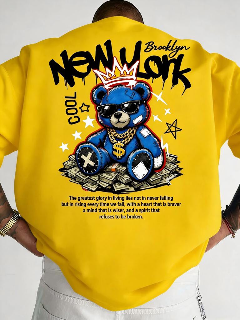 American Unisexs new summer Cool Bear Letter wealth print micro elastic breathable round neck Tshirt outdoor street style top