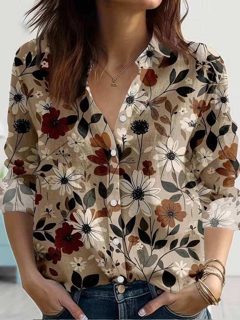 Women 2026 Autumn Blouse Multi Colored Floral Print Lapel Button Up Women's Shirt Long Sleeve Elegant Daily Office Ladies Blouse