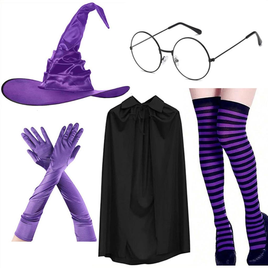 Halloween-Handschuhe Hexenhut Brille Umhang Socken 5-teiliges Kostüm-Set