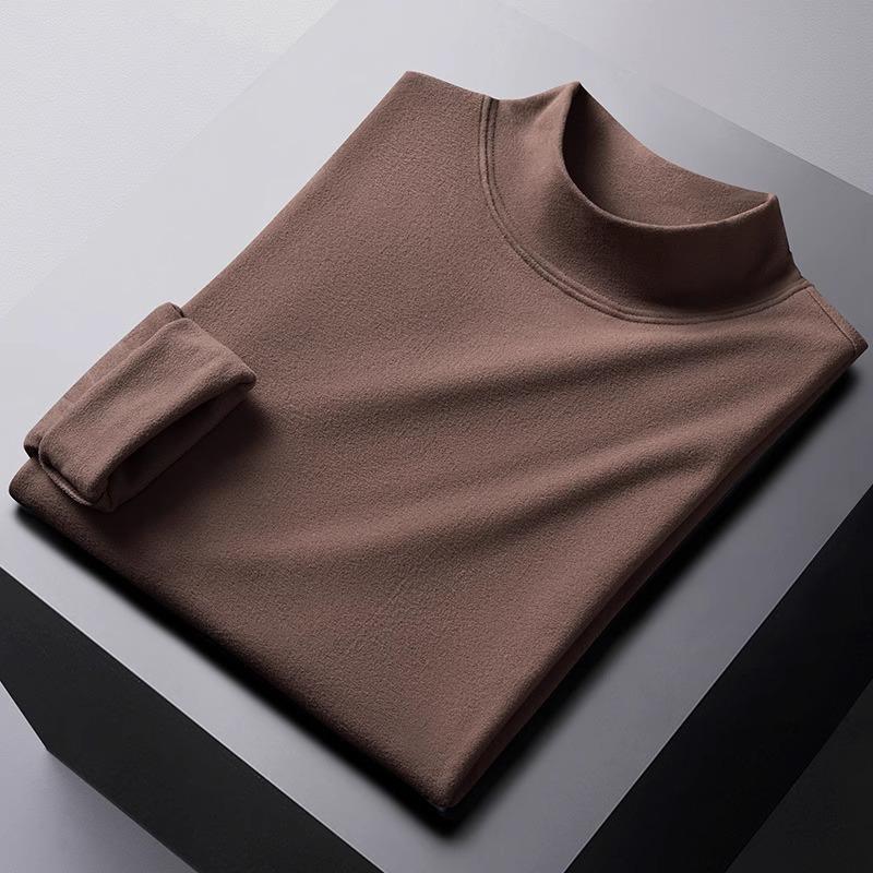 Men's Double-Sided Velvet Half-High Collar Long-Sleeve Black T-Shirt for Autumn and Winter