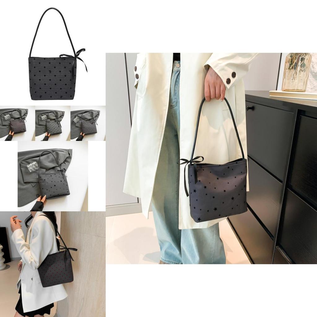 Trendy Large Capacity Bucket Bag With Bowknot And Polka Dot Print For Fashionable Commuters