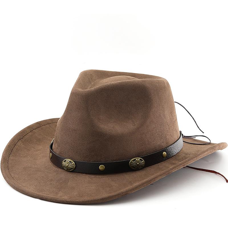 Western Suede Upturned Edge Western Cowboy Hat Men's and Women's Outdoor Travel Hat Rolled Brim Ethnic Style Top Hat Felt Hat