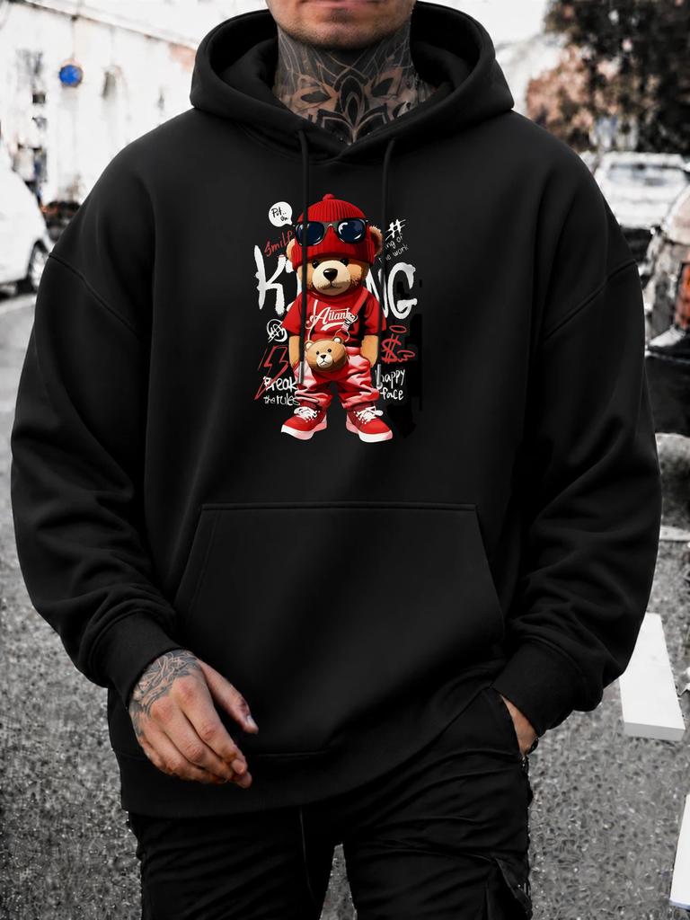unisex Hoodie, Streetwear Festival, Graffiti Bear King Graphic, Pullover Hoodie, Urban Hip Hop Style, Autumn Winter Casual Wear, Front Pocket And Draw