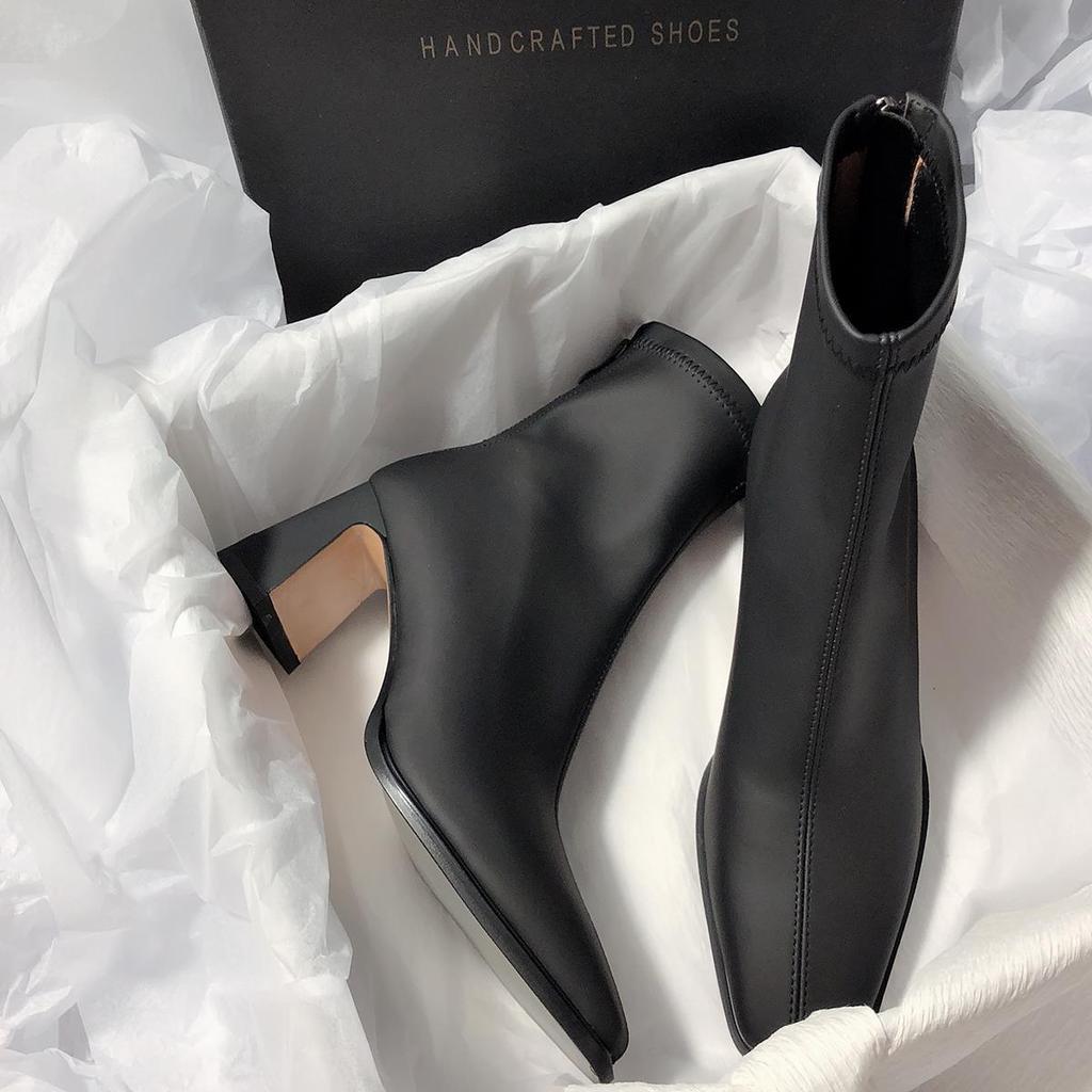 Square head thick heel elastic thin boots temperament versatile short boots 2025 autumn and winter new French soft leather high heels women