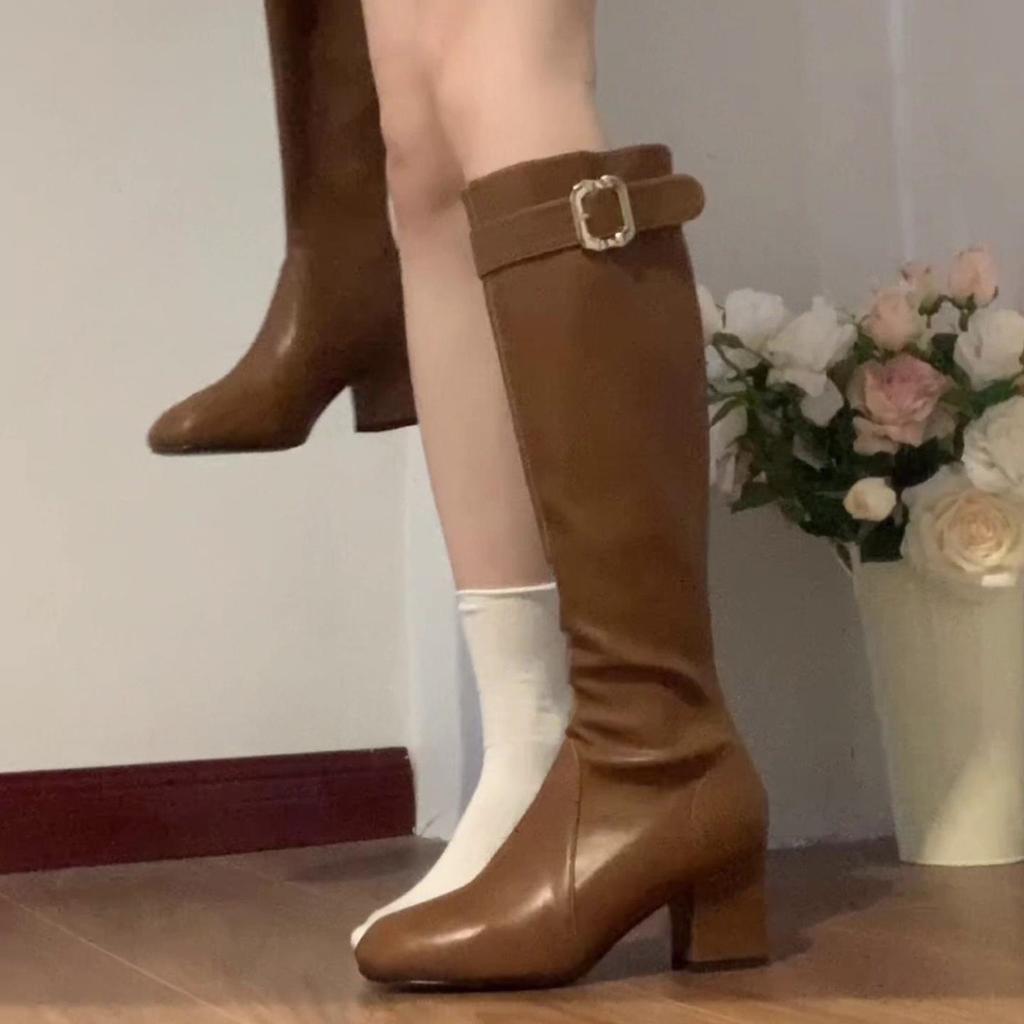 Fashion temperament Round head thick heel knight boots Tall but knee women's fashion boots