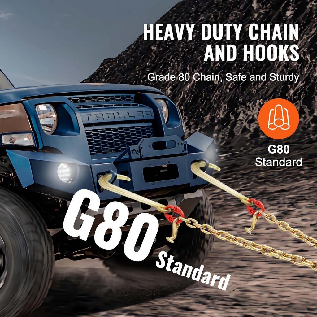 3/8"x2' G80 Tow Chain J Hook V-Chain Bridle Grab & T Hook Wrecker 15600lbs