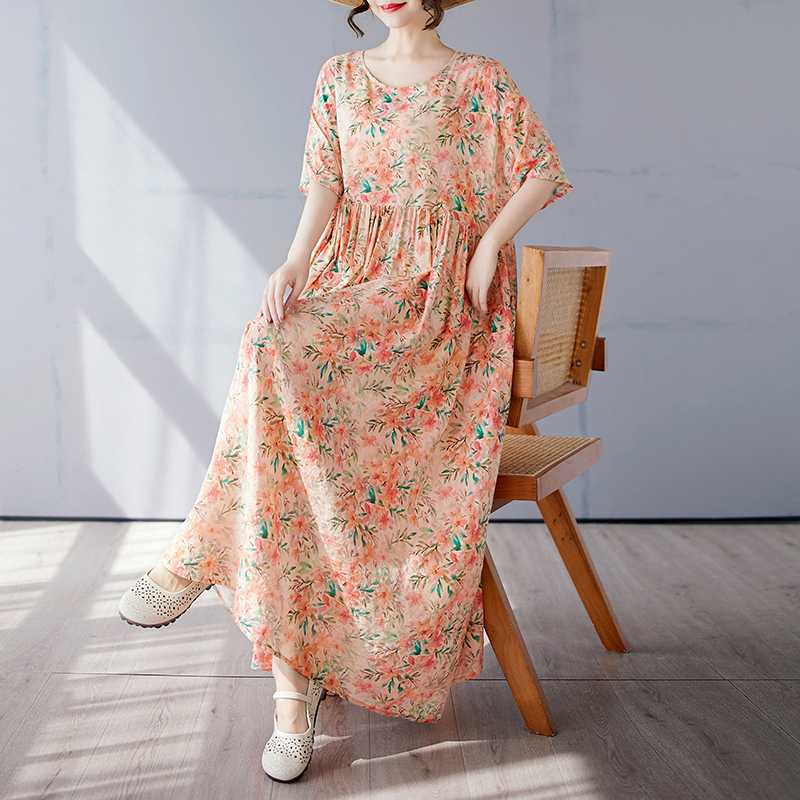 Simple and Fashionable Long Skirt Summer Short Sleeved Round Neck Printed Dress