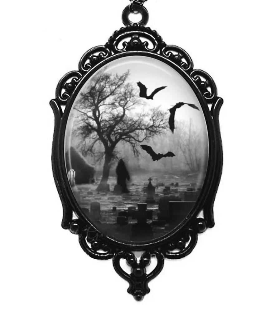 Gothic Bat Cemetery Charm Necklace For Women Man Fashion Witch Jewelry Accessories Gift Cemetery Glass Pendant Rope Chain Choker