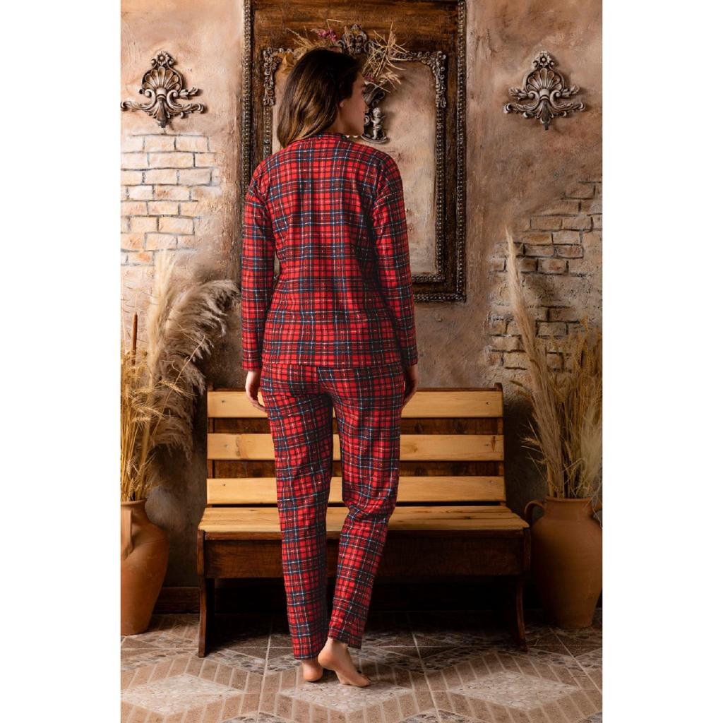 Women's Red Checkered Shirt Suede Pajama Set