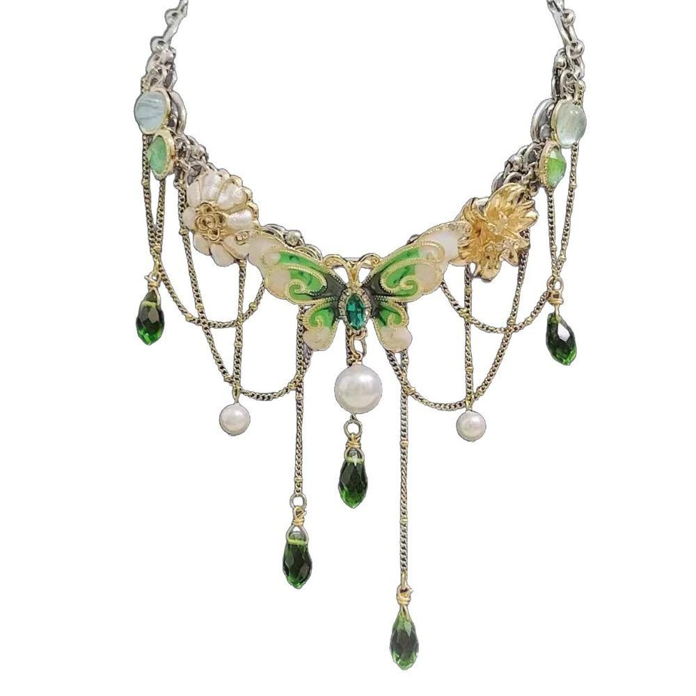 Vícevrstvý náhrdelník s kamínky ve tvaru motýla Sladký dámský choker s třásněmi Křišťálový náhrdelník Pro dívky