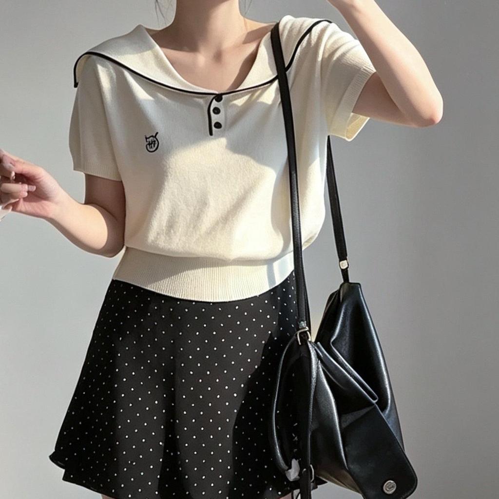 Korean Chic Sailor Collar Knit Top - Women's Slimming Loose Fit, Short Sleeve Summer Design