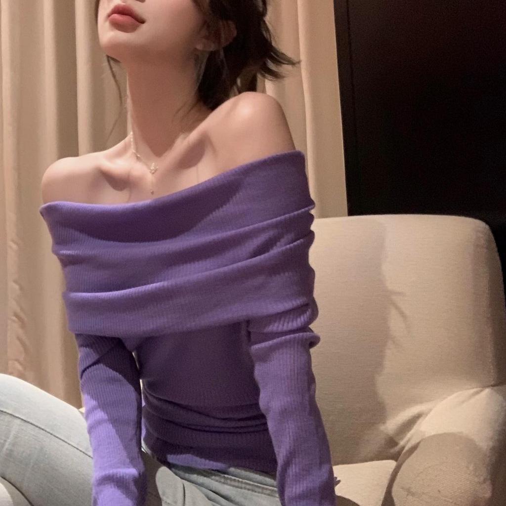 Women's Slim Fit One-Shoulder White Long-Sleeve Sweater, Elegant Pleated Spring Top