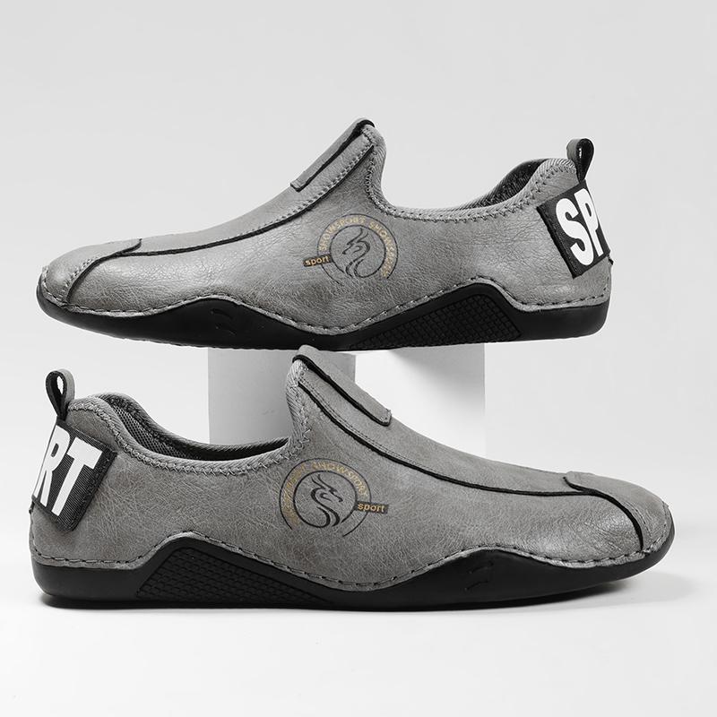 

Мужская кожаная обувь, 2025 новый стиль повседневная обувь, осенние ботильоны на плоской подошве однотонные, легкие мужские туфли для вождения 45 серый