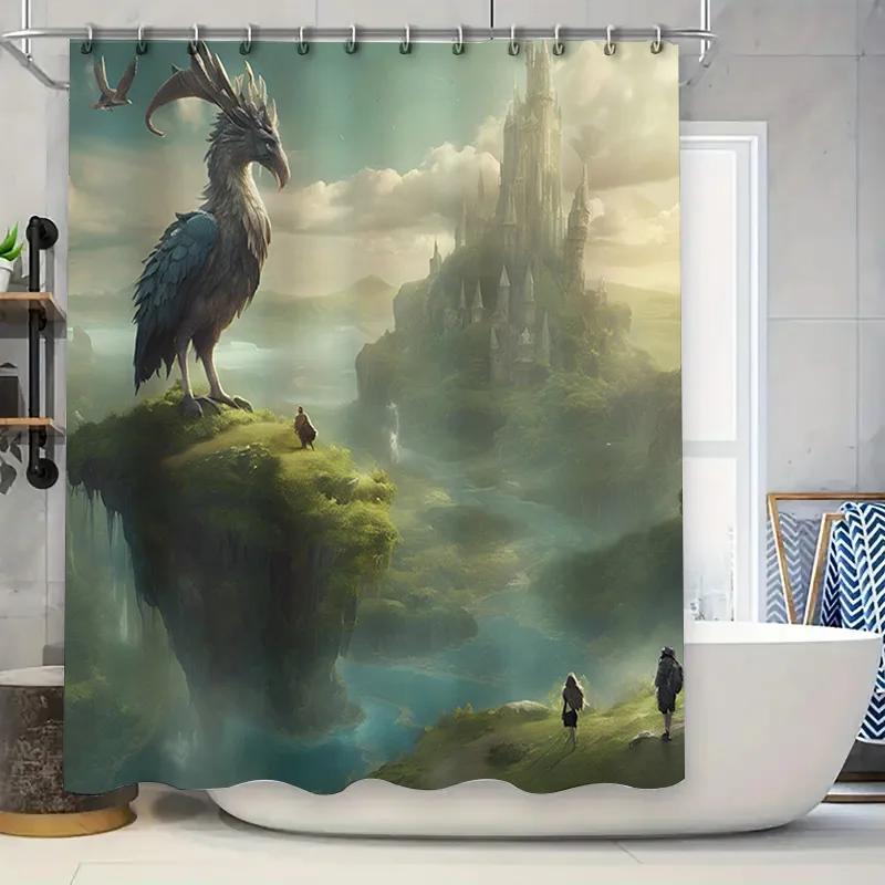 Magic Fantasy World Shower Curtain Enchanted Forest Castle Landscape Print for Bathroom Decorations W90xH180cm