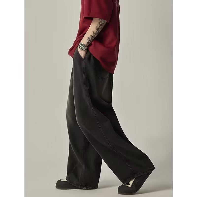 Unisex Japanese-Style Wide-Leg Loose Jeans with Elastic Waist