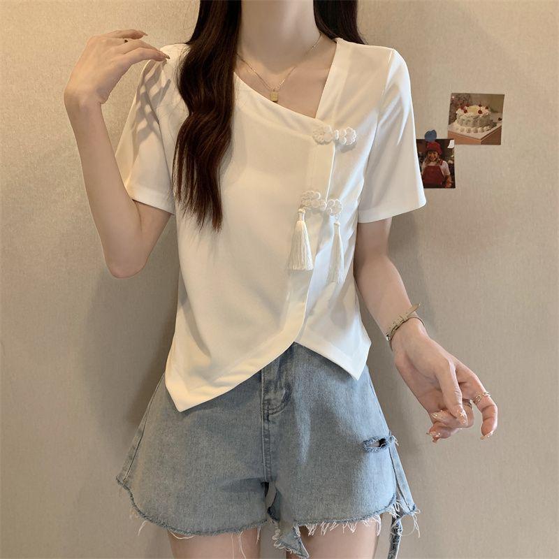 

Plus Size Women s Chinese Style Irregular Cropped Top with Frog Button - Short Sleeve Loose Fit Summer T-Shirt 4XL белый
