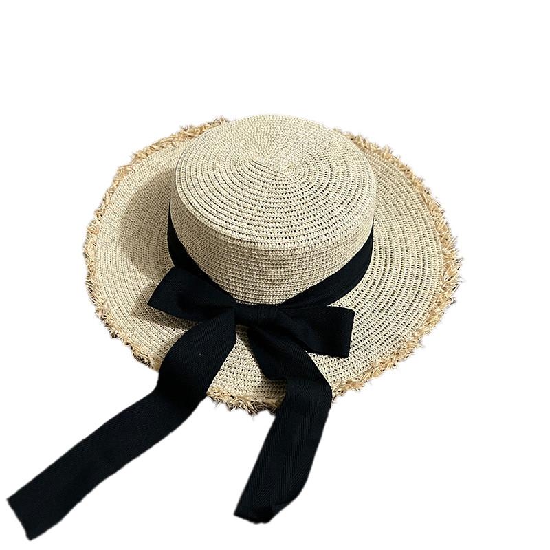 Sommer Frische Runde Oberseite Strohhut Damen Strandurlaub Sonnenhut Schmetterlingsknoten Binden Sonnenschirmkappe