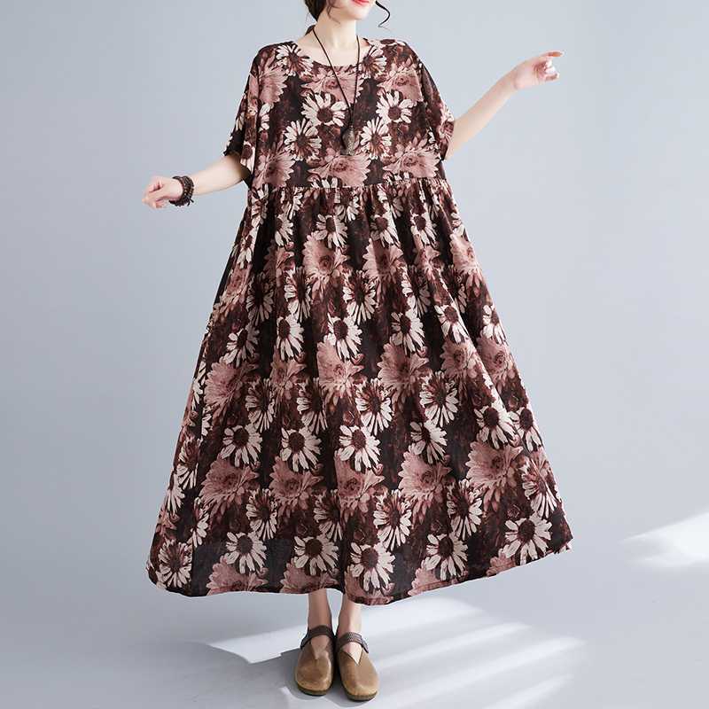 

Свободное и модное повседневное платье из хлопка и льна с принтом и короткими рукавами One size