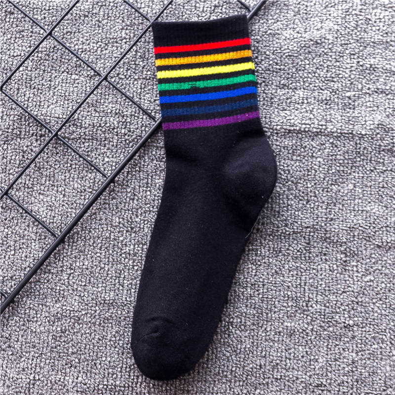Women's Harajuku Rainbow Stripes White Black Cotton Socks Fashion Christmas Casual Tide Streetwear Dropship