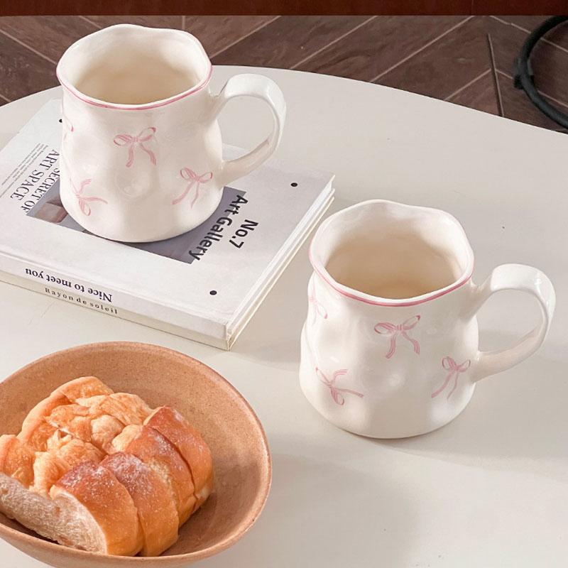 Pink Bow Coffee Cup 400ml Ceramic Coffee Mug Cute Coquette Tea Milk Cup for Office and Home Christmas Birthday Gifts for Girls