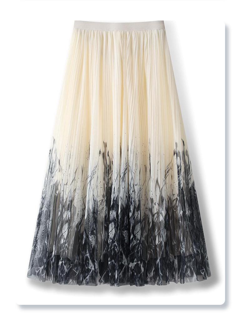 2025 New Ink Painting Midi Skirt for Women: Spring/Summer Slimming Pleated A-Line Umbrella Skirt