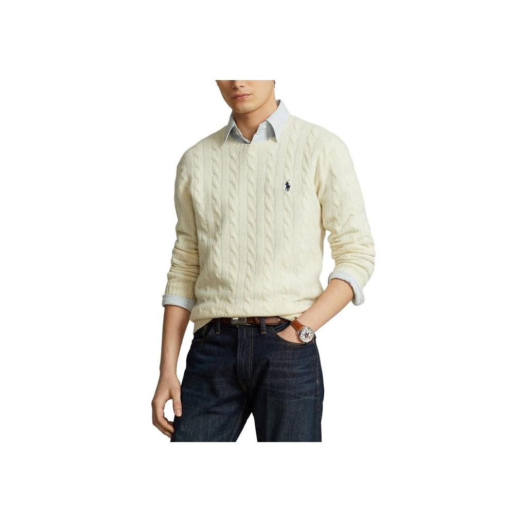 Polo Ralph Lauren FW22 Solid Logo Embroidered Cable Knit Cashmere Sweater Men Sweater Cream 710876762-010