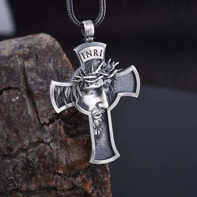 Collana Ciondolo Crocifisso Retro Cristo Gesù Catena Metallica Gioiello Pesante Regalo Religioso Cristiano Corona Spine Ciondolo Grande