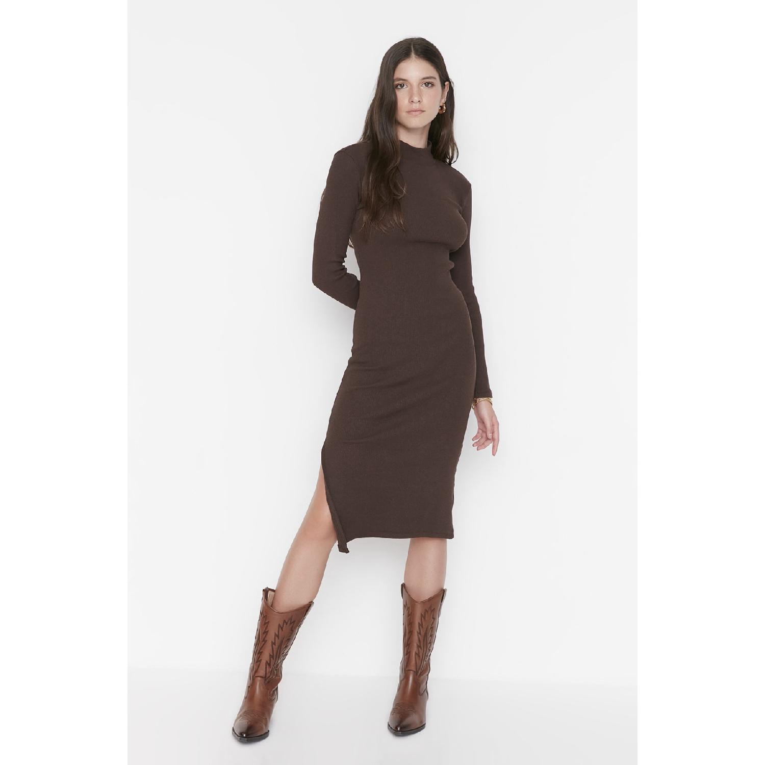 

Brown Fitted Slit High Collar Mini Ribbed Stretchy Knitted Dress Twoaw21el0135
