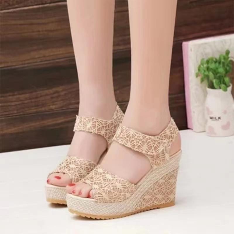 20 summer new wedge heel fish mouth sandals women's casual muffin thick-soled high-heeled Velcro women's shoes