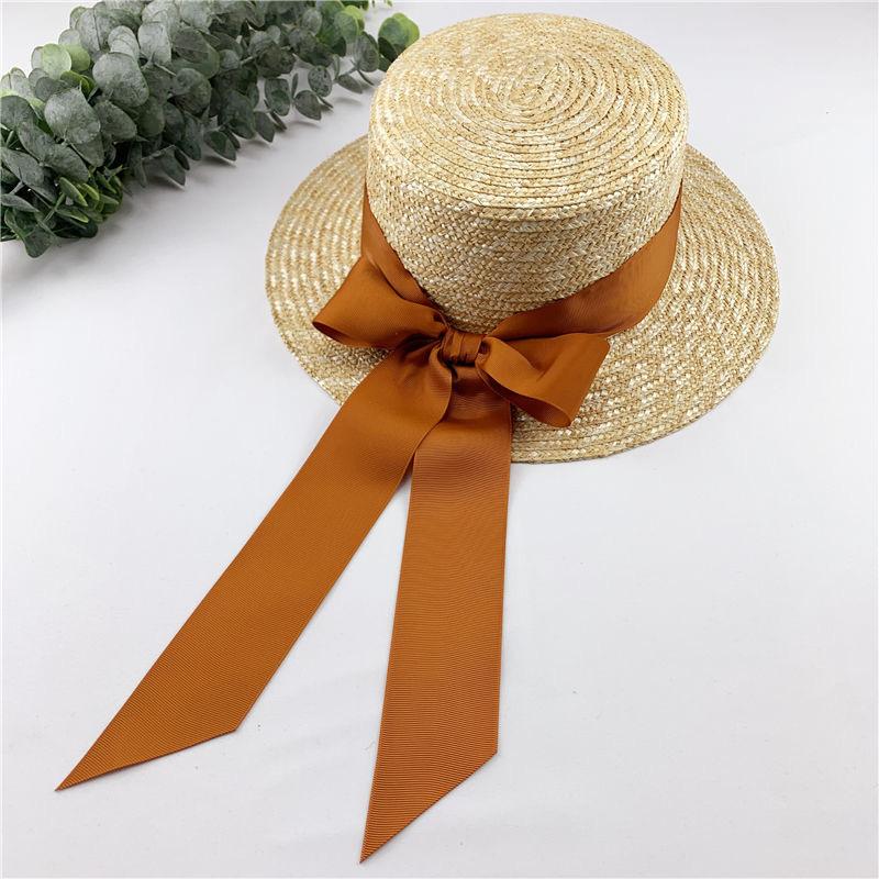 Straw straw hat woven flat top ribbon bow streamer wide brim summer age reduction Sanya vacation beach sunshade