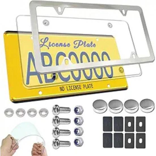 Plate Frame Cover Kit- Clear Flat Plate Cover & Stainless Steel Car Tag Holder,