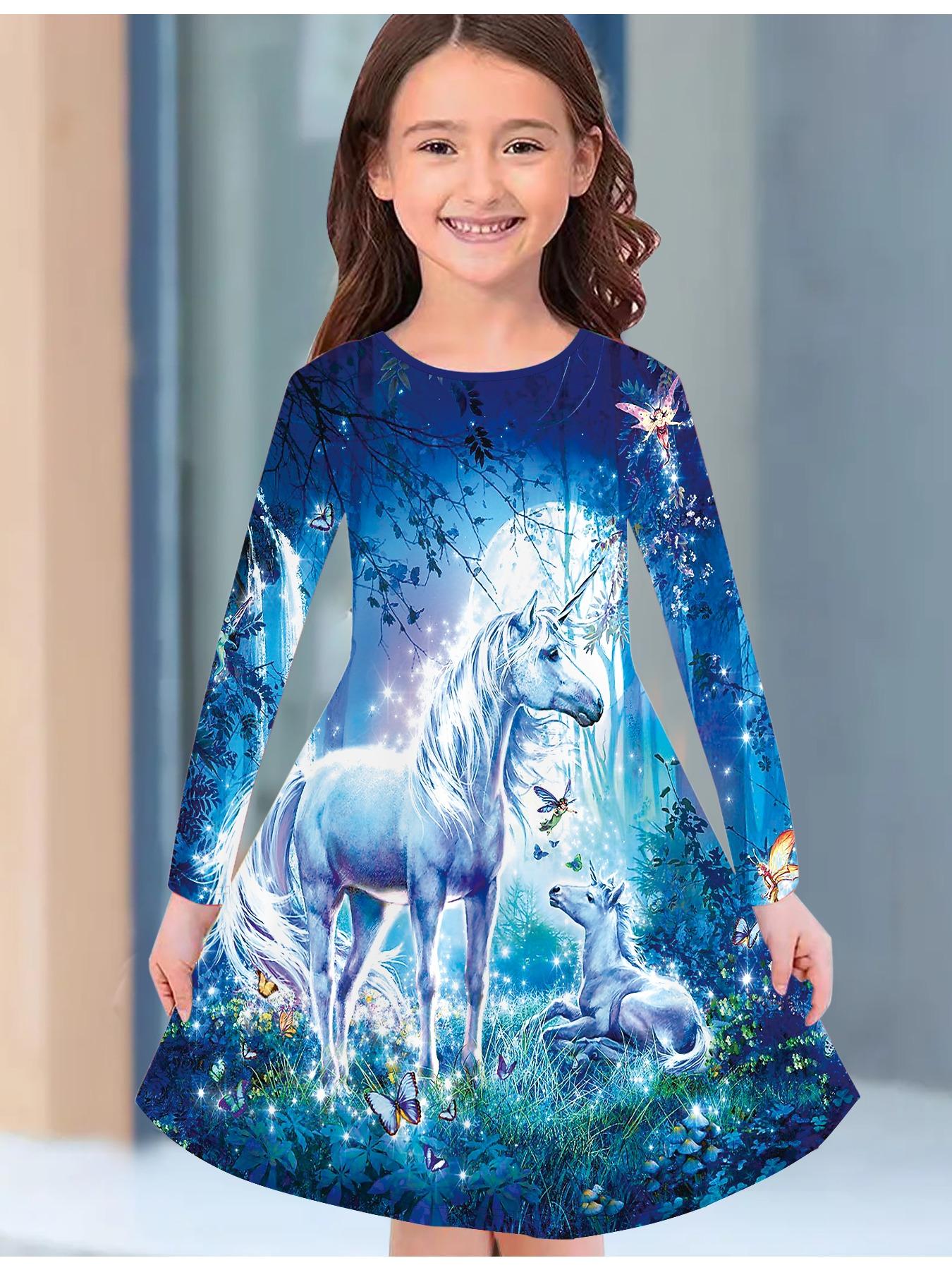 

Модное осенне-зимнее платье для девочек, с 3D принтом единорога, с круглым вырезом, длинное, детское платье-футболка, повседневное, универсальное, рождественская одежда 170 синий