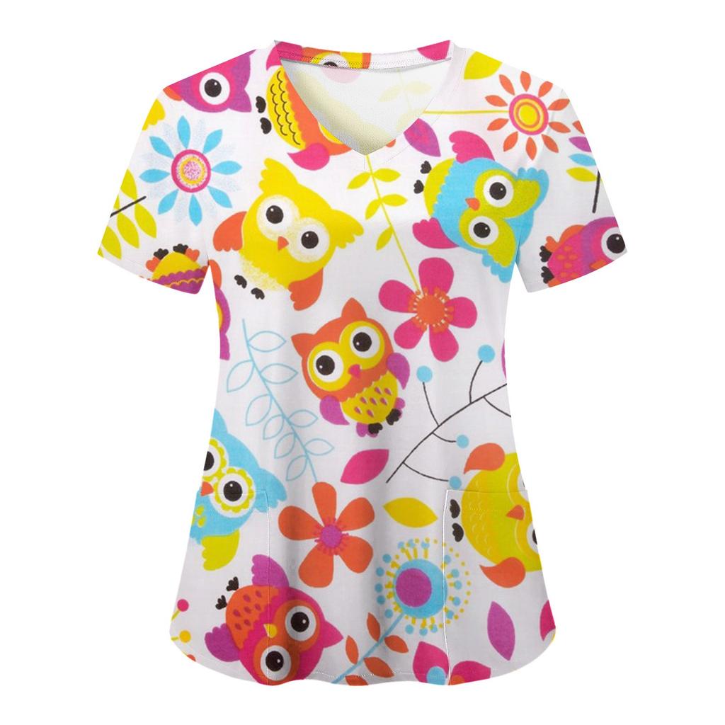 Květinové kojící peelingy Topy Ženy Pracovní Uniforma Halenka Krátký rukáv Výstřih do V Uniforma Blusas Kojící oblečení Sestry Tunika Uniforma