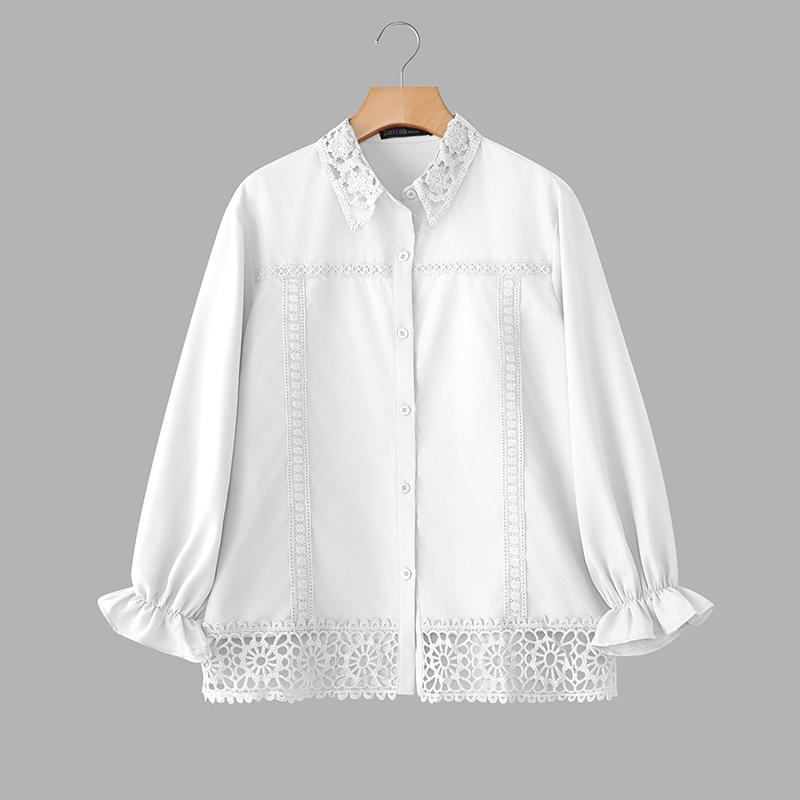 ZANZEA Women Lace Crochet Splice Collar Loose Casual Long Sleeve Blouse M